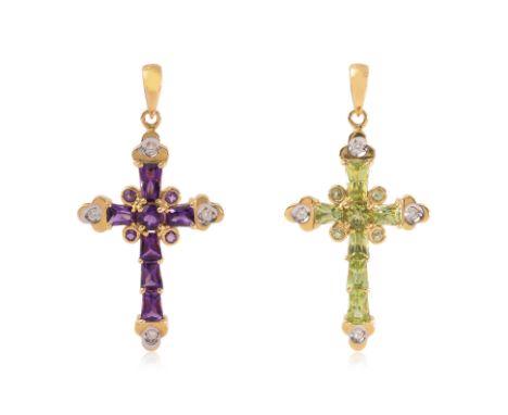 AN AMETHYST AND A PERIDOT 'CROSS' PENDANT
One featuring round and trapezium shaped peridots totalling approximately 2.00 Cts,