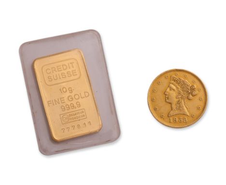 A CREDIT SUISSE 10G GOLD BAR AND A GOLD MEDALLION
Credit Suisse 10g gold bar, 999.9 fine gold, No.777811, sealed in pouch; an