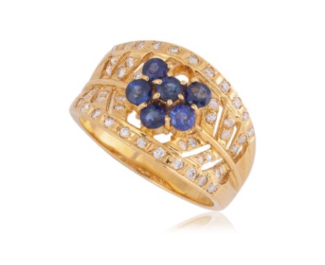A SAPPHIRE AND DIAMOND RING
Featuring round cut sapphires weighing approximately 0.48 Cts, mounted in a yellow gold setting m