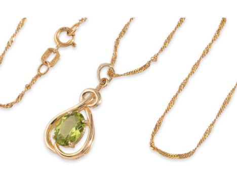 A PERIDOT PENDANT ON AN ITALIAN CHAIN
Featuring an oval shaped peridot measuring approximately 1.0 Cts, mounted in a yellow g