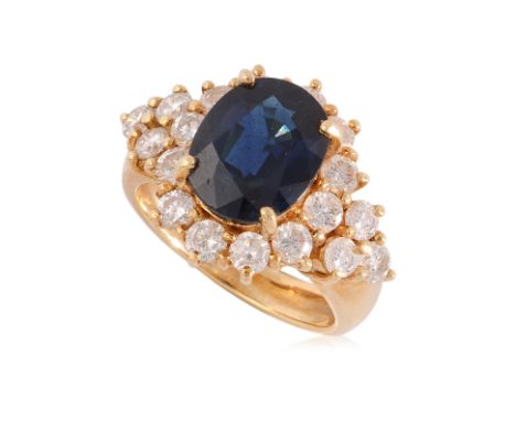 AN UNHEATED THAI BLUE SAPPHIRE AND DIAMOND RING
Featuring an oval cut deep blue sapphire weighing approximately 4.10 Cts, mou