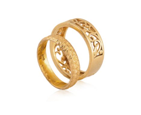 TWO HIGH KARAT GOLD RINGS
To include a smaller gold ring marked '916' for 22K, alongside a Chinese maker's mark of 'Huan Qiu'