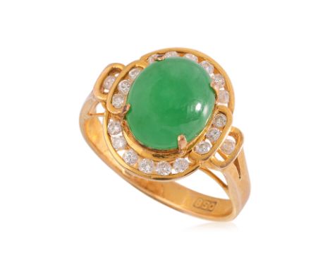 A TYPE A JADEITE AND DIAMOND HIGH KARAT GOLD RING
Featuring a type a jadeite cabochon of green colour, mounted in a yellow go