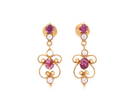 A PAIR OF RUBY AND CULTURED PEARL EARRINGS
Featuring oval rubies mounted in a yellow gold setting marked '22C', likely for 22