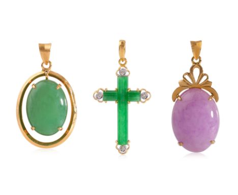 A GROUP OF THREE JADE MOUNTED PENDANTS (3)
To include a cross pendant accented with round brilliant cut diamonds totalling ap