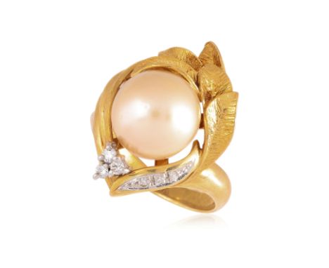 A SOUTH SEA CULTURED PEARL AND DIAMOND RING
Featuring a off round south sea cultured pearl measuring approximately 9.5mm, mou