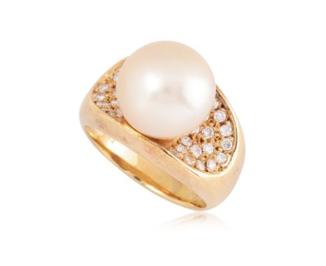 A SOUTH SEA CULTURED PEARL AND DIAMOND RING
Featuring a south sea cultured pearl measuring approximately 11.5mm, mounted in a