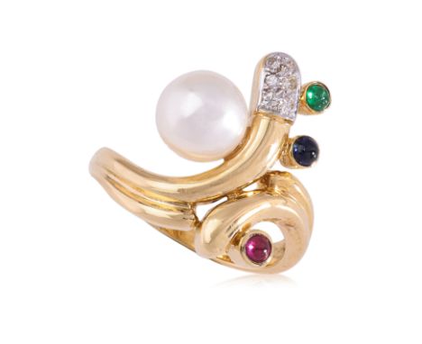 AN AKOYA CULTURED PEARL AND MULTI-GEMS RING
Featuring an akoya cultured pearl measuring approximately 7mm, mounted in a two t