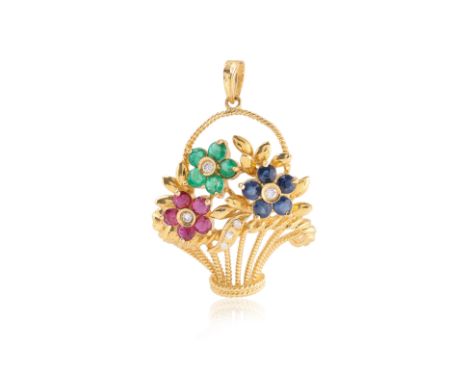 A MULTI-GEM AND DIAMOND 'FLOWER BASKET' PENDANT
Featuring round cut ruby, emerald and sapphires totalling approximately 0.78 