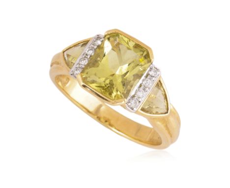 A LEMON QUARTZ AND DIAMOND RING
Featuring a radiant cut lemon quartz weighing approximately 2.00 Cts, mounted in a yellow gol