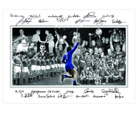 Autographed MAN UNITED 23.5 x 16.5 Edition : Colorized, depicting an incredible montage of images relating to iconic moments 