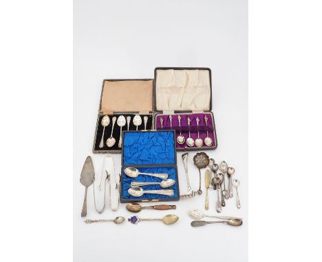 Antique and vintage electroplate flatware, including a cased set of Apostle teaspoons, two dredgers, and three pairs of sugar