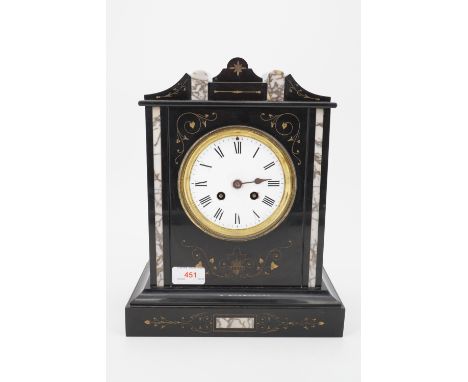 A Victorian polished slate and variegated marble mantle clock, 32cm high, (a/f) 