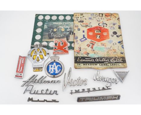 AA and RAC car badges together with sundry car marque and model vehicle badges, a set of 1970s Shell petrol "Historic Cars" m