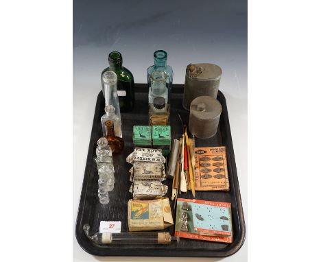 Collectors' items including glass bottles, two oil lamp canisters etc.