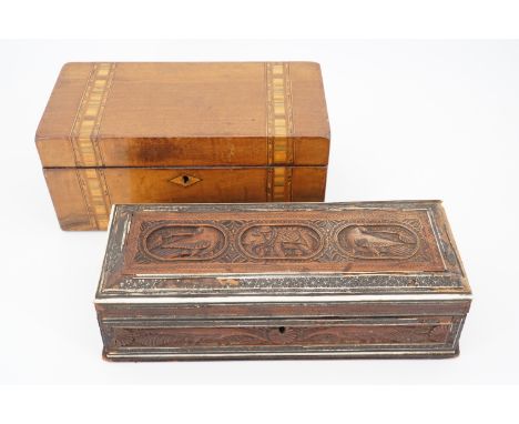 A Victorian Tunbridge-banded walnut two-compartment tea caddy together with an Anglo-Indian glove or desk box