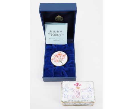 A Halcyon Days enamel box in original packaging together with a Royal Collection Fine Bone China trinket box