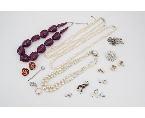 Vintage costume jewellery, including three faux pearl necklaces, paste and marcasite brooches and sundry ear clips