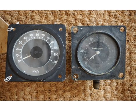 A railway locomotive speed gauge together with a brake pipe pressure gauge 