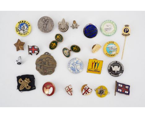 Sundry vintage lapel and button badges together with a pair of Boy Scout cuff links