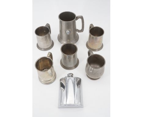 RAF pewter tankard, five other tankards and a hip flask