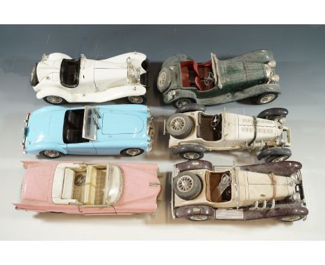 Six diecast model cars including MGA Twin Cam, Alfa Romeo 2300 spider (1932), Cadillac El Dorado etc.