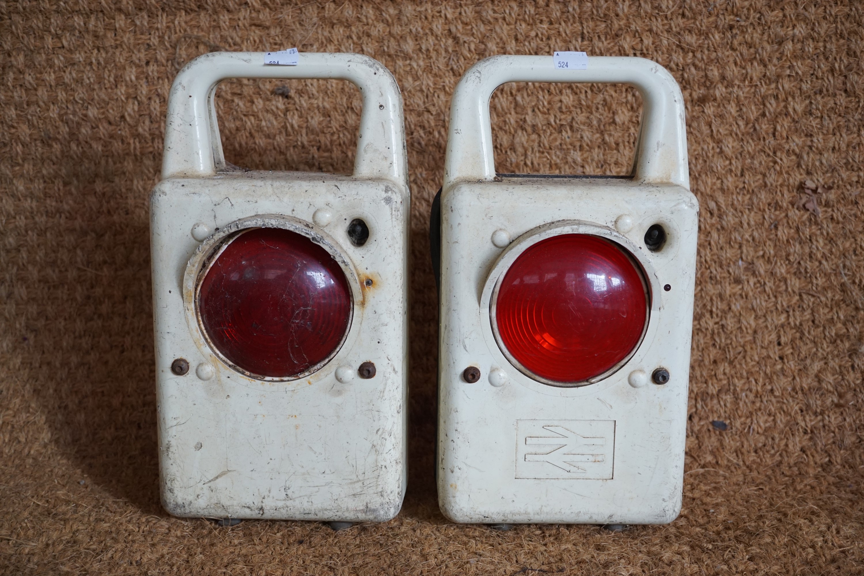 A pair of British Rail railway wagon tail lamps