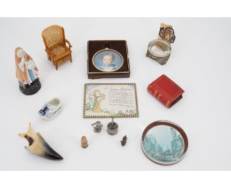 Collectors' items including a miniature Orkney chair, agate bullet, Russian filigree salt modelled as a chair, Peter Bates po