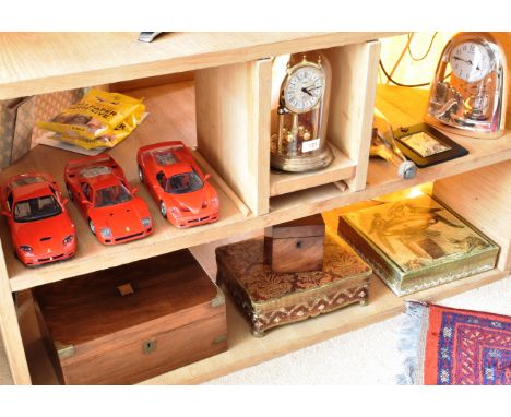 MIXED LOT: WRITING SLOPE, TEA CADDY, TWO CLOCKS, THREE MODEL FERRARIS ETC.