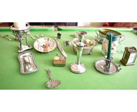 MIXED PLATED WARE, CARRIAGE CLOCK, BANK NOTES AND COINS ETC.