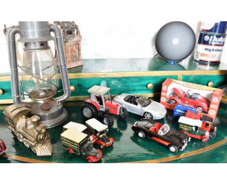 MIXED LOT: BUST, SOAPSTONE ORNAMENT, MODEL CARS, HURRICANE LAMP