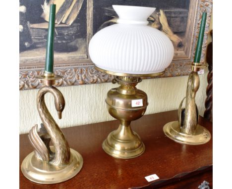 BRASS OIL LAMP AND PAIR OF SWAN CANDLESTICKS