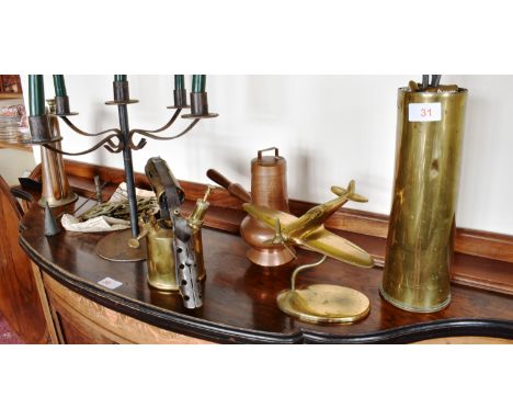MIXED METALWARE: BUGLE, BLOW LAMP, BRASS SPITFIRE ORNAMENT ETC.