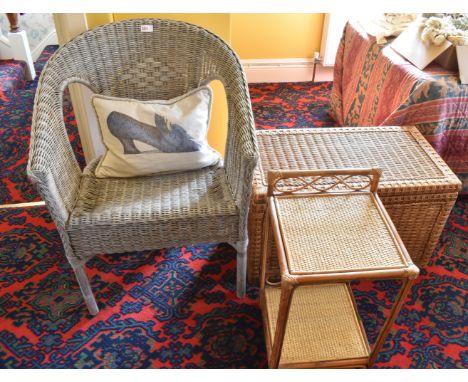 WICKER CHAIR, TRUNK, OCCASIONAL TABLE