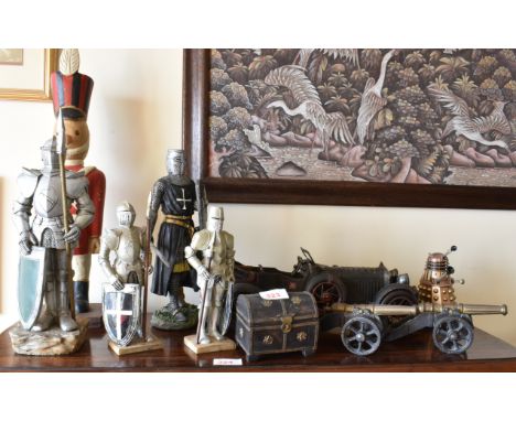 COLLECTION OF ORNAMENTS - BENTLEY RACING CAR, PAIR CANNON, KNIGHTS ETC.