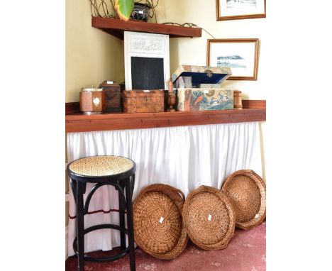 BISCUIT BARREL, PARQUETRY DECORATED TEA CADDY, BASKETS, PLANT ETC.
