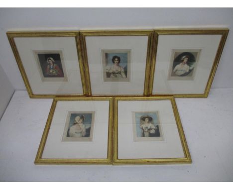 E M Hester - five half length portraits, four of a woman with brown hair wearing a white dress and another wearing a red gown