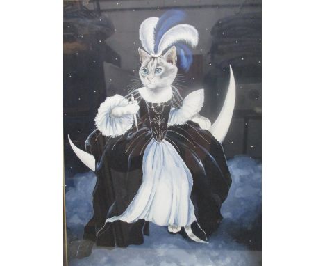 Susan Herbert - a theatrical cat with a plumed headdress and a ballgown holding a dagger, while sat on the moon, watercolour,