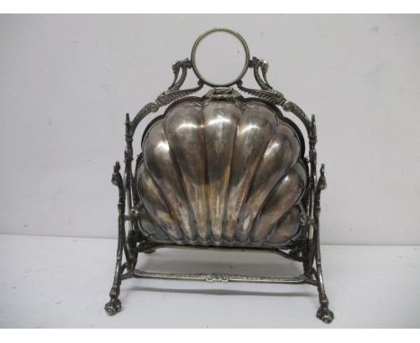 A Victoria silver plated biscuit box with a ring, bird head and scrolled handle, over twin scalloped shape folding compartmen