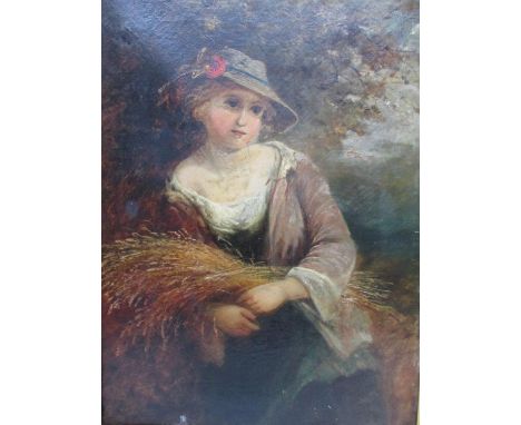 Late 19th century British School - a half length portrait of a girl holding wheat, oil on canvas, 24" x 18", in a gilt slip f