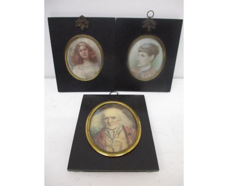 Two Edwardian portrait miniatures, each of a woman, one with a head band, each 3" x 2 1/2" and a 19th century portrait miniat