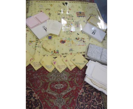 Commemorative 1956 Princess Beatrix table linen, boxed, in pink and yellow together with vintage table linen to include embro