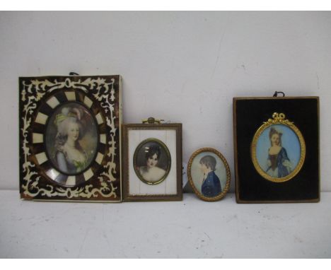 Three 20th century portrait miniatures, each of a woman highlighted in watercolour, framed and glazed and an early 20th centu