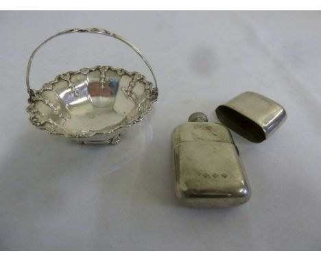 Silver bonbon dish with swing handle and a silver plated hip flask