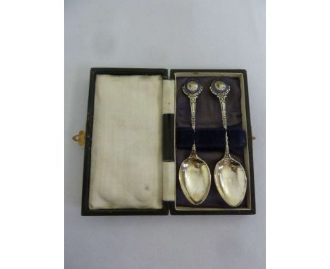 Cased pair of Masonic silver teaspoons with enamel terminals