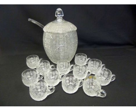 Cut glass punch bowl, ladle and twelve matching cups