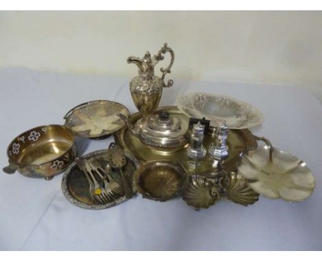 A quantity of silver plate to include trays, fruit dish, cake stand, teapot, sugar sifters and a water jug