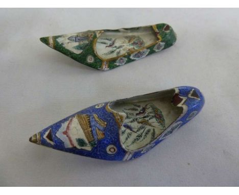 Two Persian enamel and metal dishes in the form of slippers, A/F