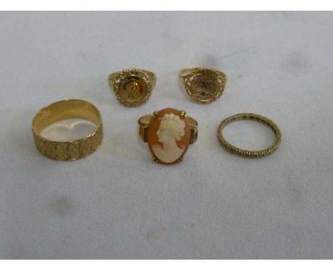 Five 9ct gold rings to include a cameo ring, approx total weight 12.9g