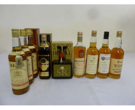 A quantity of whisky to include Man's Scotch Whisky, Bells Whisky, Braemar Bunkers, Harrods V.O.H., Mackinlays, Suntory Whisk